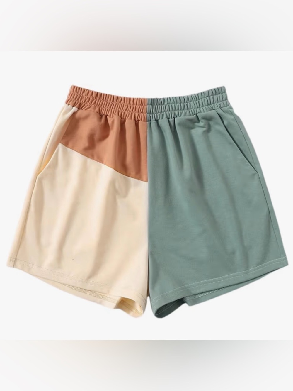 Colorblock Elastic Waist Women’s Shorts - Cream, Tan & Green
